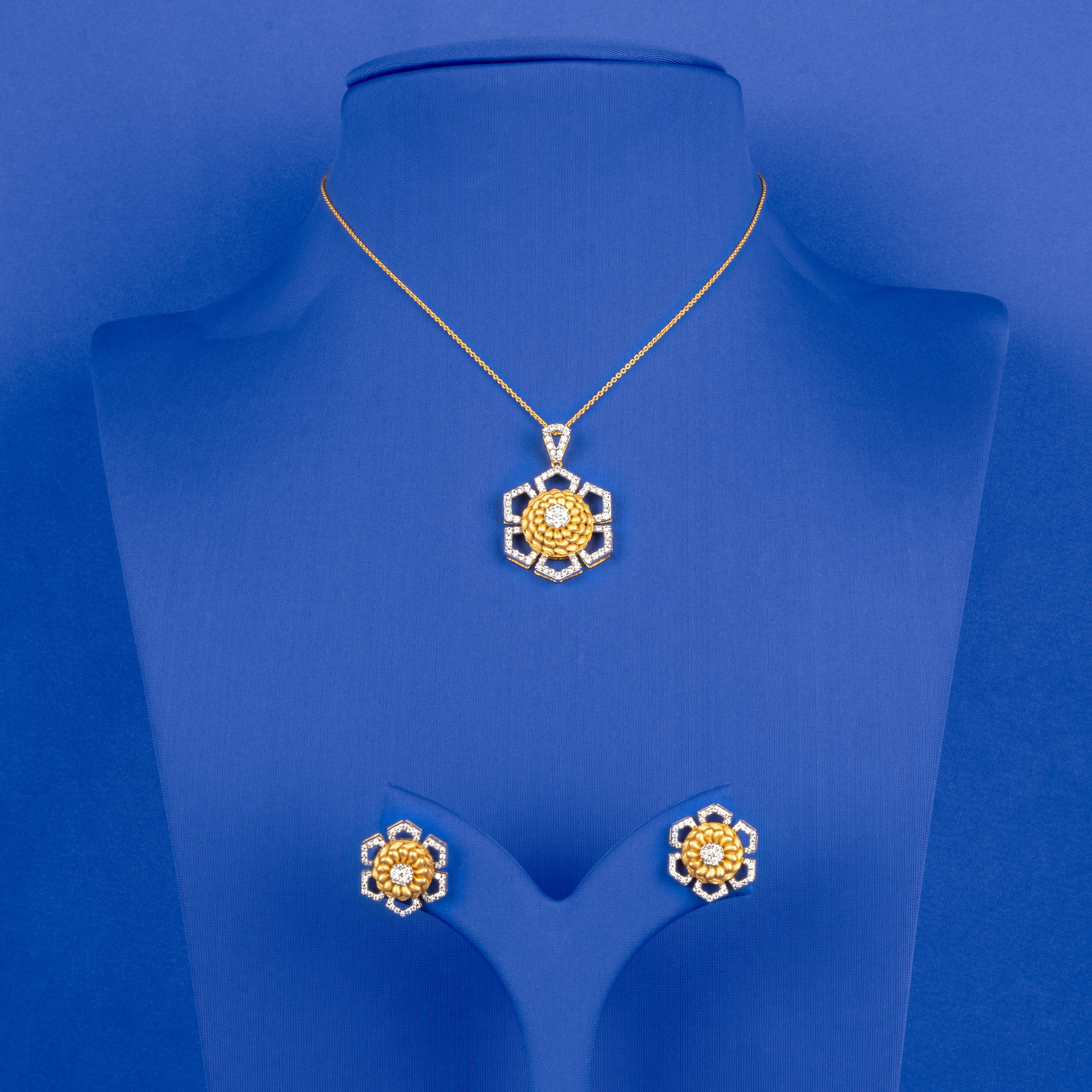 Dazzling Serenade: Handmade 18k Yellow Gold Diamond Pendant and Earrings Set (Chain not included)